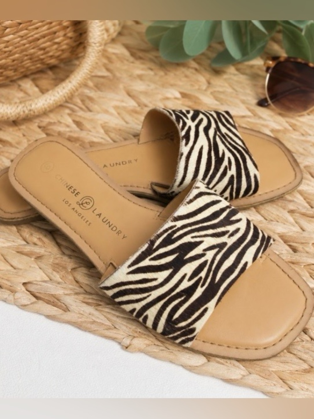 Chinese Laundry Regina Slide Sandals Womens Size 8 Zebra Brown Calf Hair Leather